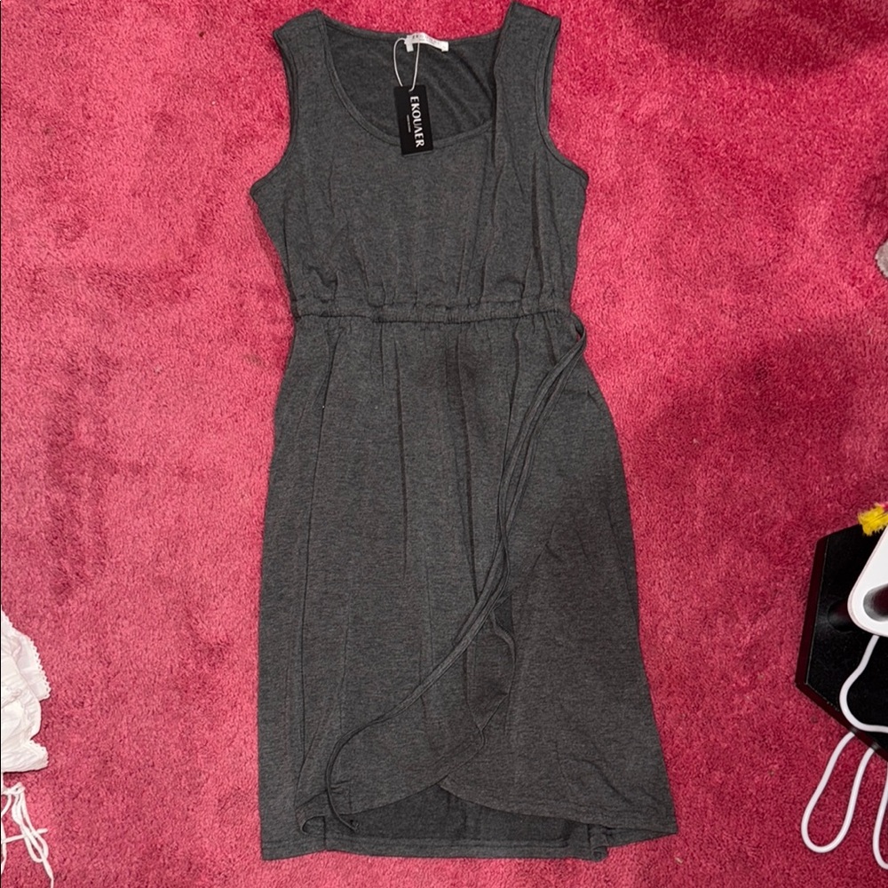 Gray Asymmetrical Ruffled Midi Sheath Dress